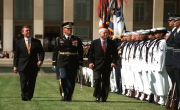 970919-D-2987S-031
	Col. Greg Gardner (center), U.S. Army, escorts Senator John McCain (right) and Secretary of Defense William S. Cohen (left), as they inspect the ceremonial honor guard at the Pentagon on Sept. 19, 1997, during the National POW/MIA Recognition Day ceremony.  Gardner is the Commander, 3rd U.S. Infantry (Old Guard).  DoD photo by Helene C. Stikkel.